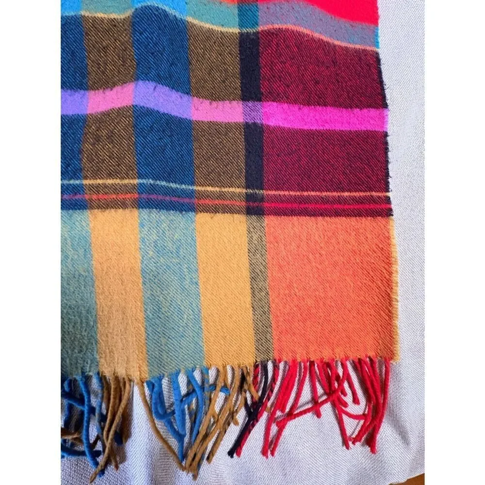 Bright Plaid Fringe Scarf Multicolor Tartan 15”x64”